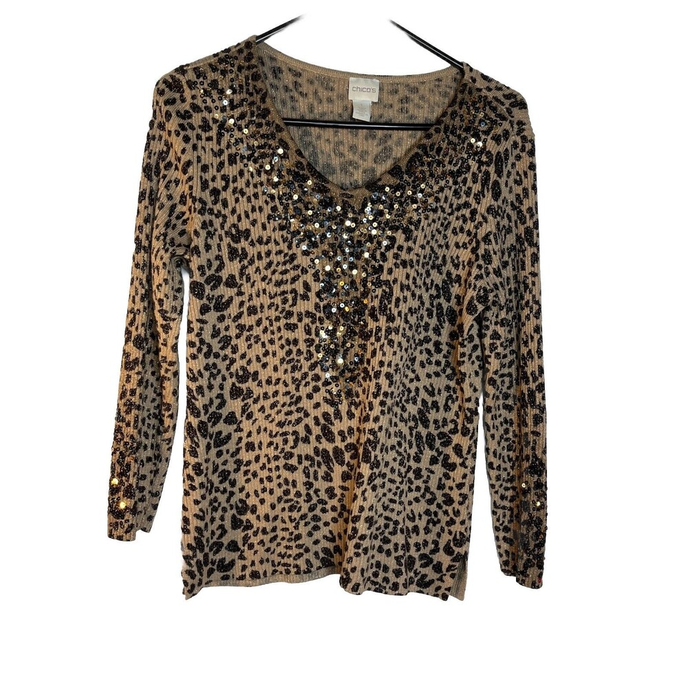 Chicos Sequin Gold Leopard Animal Print Cheetah Sweater Knit blouse  1 Top M 6 8